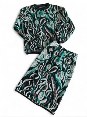 Vintage Marlene Knit Sweater and Skirt Set in Teal Black White Floral